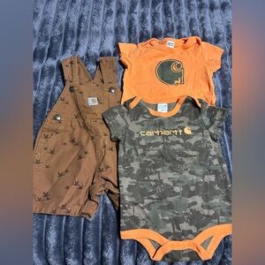 Carhartt Camo Onesie and Orange Tee with Brown Overalls